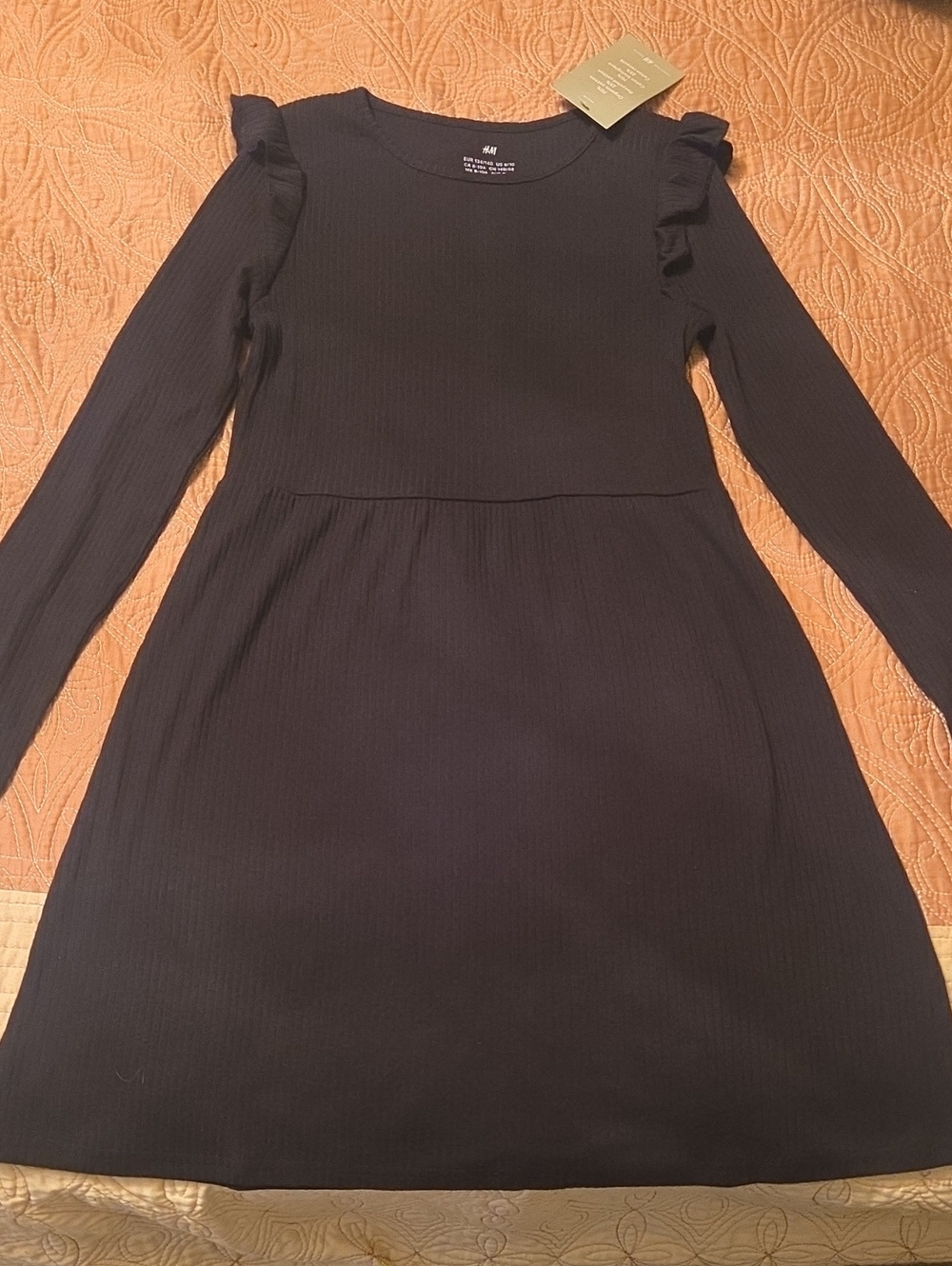 H&M Girls' Black Ribbed Long Sleeve Ruffle Shoulder Dress